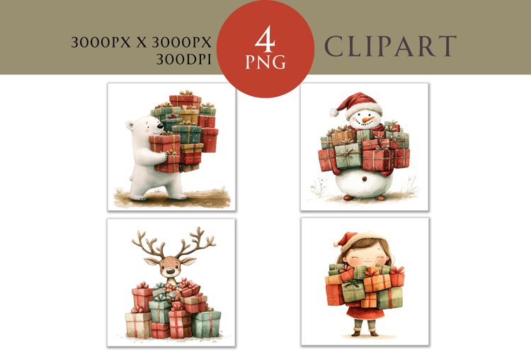 Christmas Presents Watercolor Clipart PNG