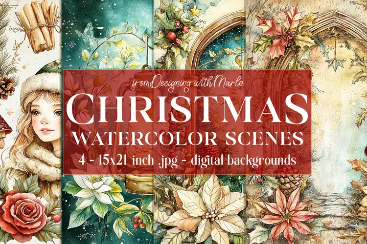 Christmas Card Backgrounds, Watercolor Holiday Scenes, s11