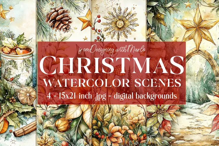 Christmas Card Backgrounds, Watercolor Holiday Scenes, s13