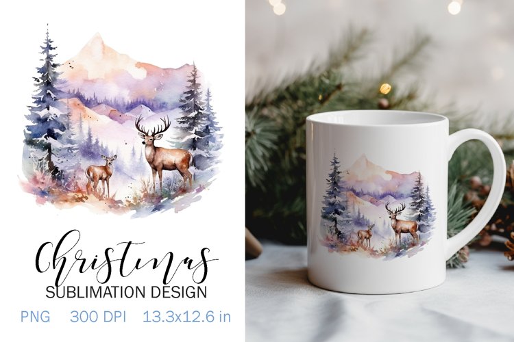 Christmas Sublimation Design PNG - Watercolor Deer clipart example image 1