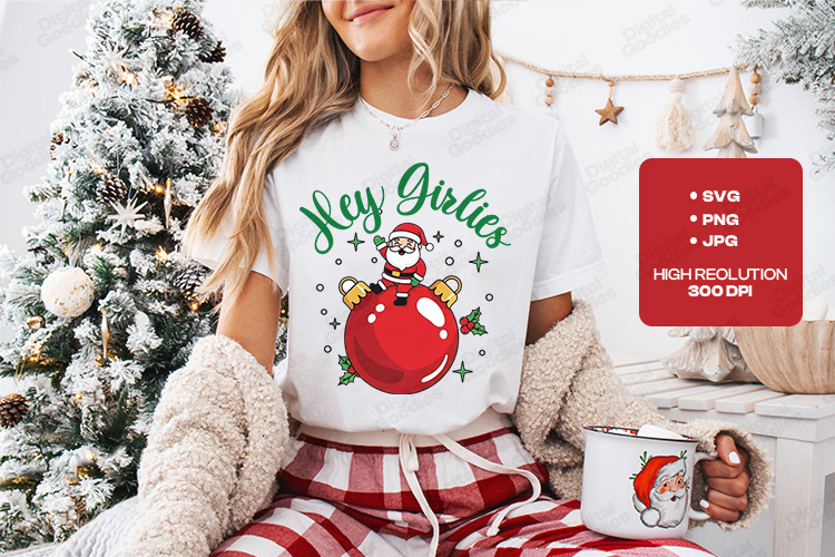 Cute Hey Girlies Santa Christmas T Shirt Design Print