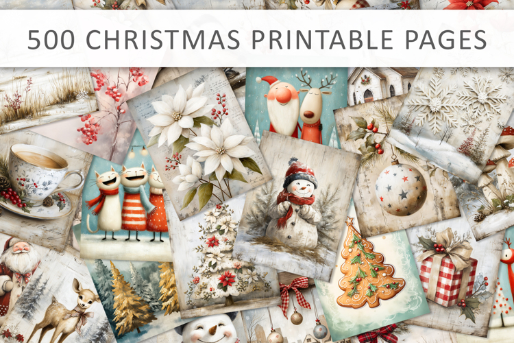 500 Vintage Christmas Printable Pages, Grunge Holiday
