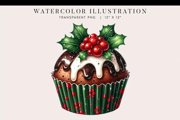 Christmas Pudding Watercolor Cupcake Clipart