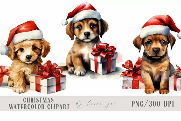 Watercolor Christmas puppy dog with gift boxes clipart-3 png