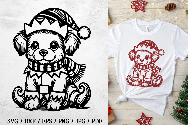 Cute Christmas Puppy SVG, Festive Dog in Hat and Scarf