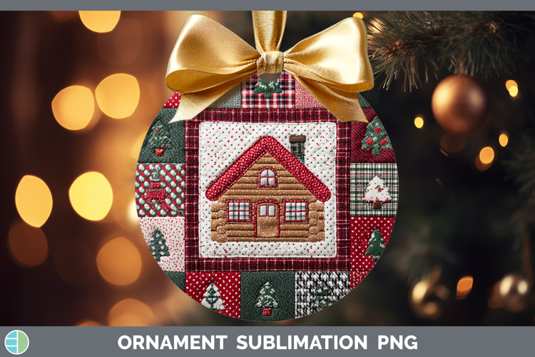 Cabin Christmas Quilted Patchwork Ornament Sublimation Desig