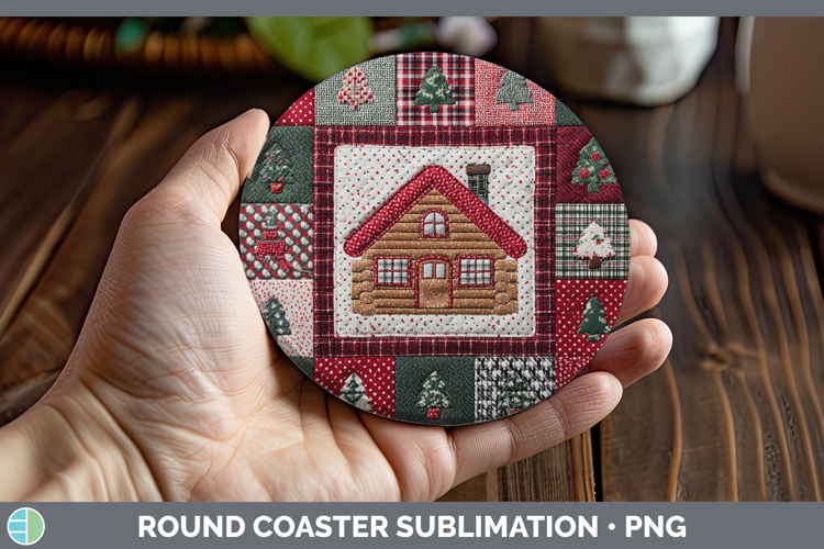 Cabin Christmas Quilted Patchwork Round Coaster Sublimation