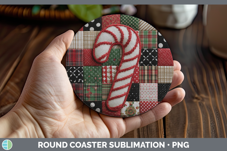 Candy Cane Christmas Quilted Patchwork Round Coaster Sublima