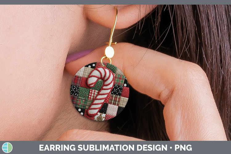 Candy Cane Christmas Quilted Patchwork Round Earrings Sublim