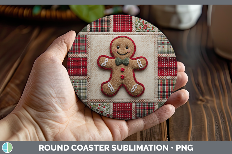 Gingerbread Man Christmas Quilted Patchwork Round Coaster Su