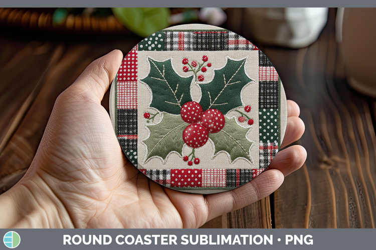 Holly Christmas Quilted Patchwork Round Coaster Sublimation