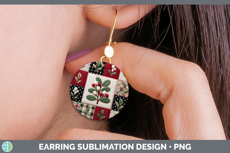 Mistletoe Christmas Quilted Patchwork Round Earrings Sublima