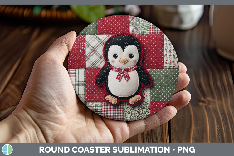 Penguin Christmas Quilted Patchwork Round Coaster Sublimatio
