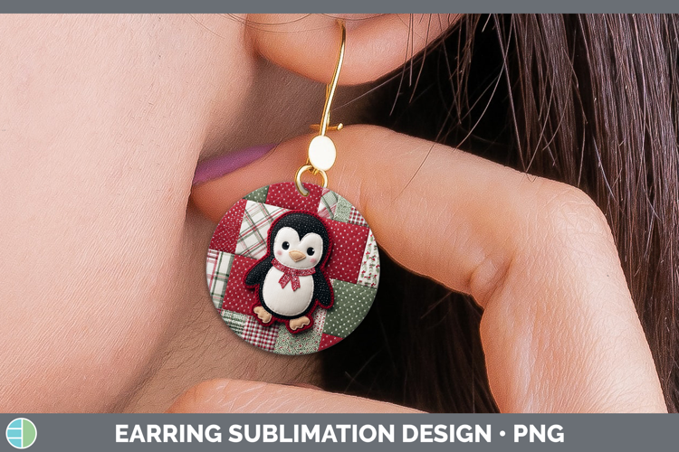 Penguin Christmas Quilted Patchwork Round Earrings Sublimati