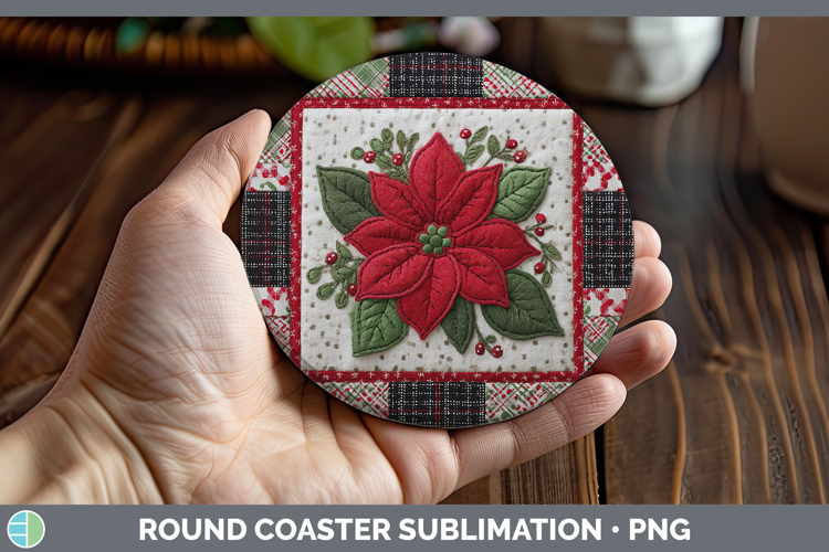 Poinsettia Christmas Quilted Patchwork Round Coaster Sublima