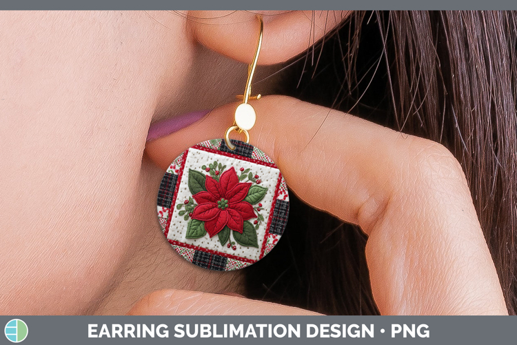 Poinsettia Christmas Quilted Patchwork Round Earrings Sublim