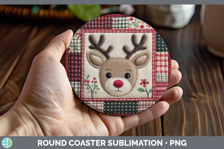 Reindeer Christmas Quilted Patchwork Round Coaster Sublimati