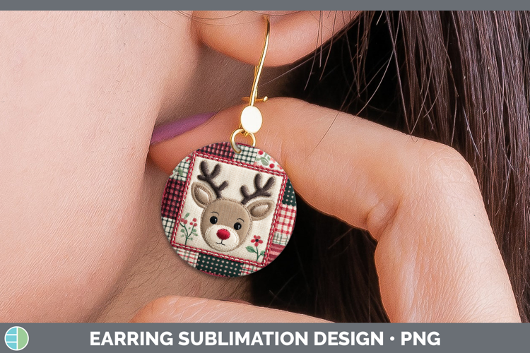 Reindeer Christmas Quilted Patchwork Round Earrings Sublimat