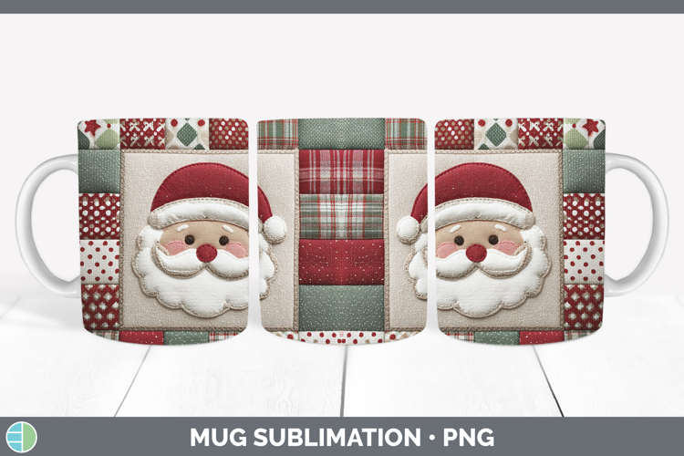 Santa Christmas Quilted Patchwork Mug Wrap Sublimation Desig