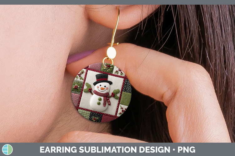 Snowman Christmas Quilted Patchwork Round Earrings Sublimati
