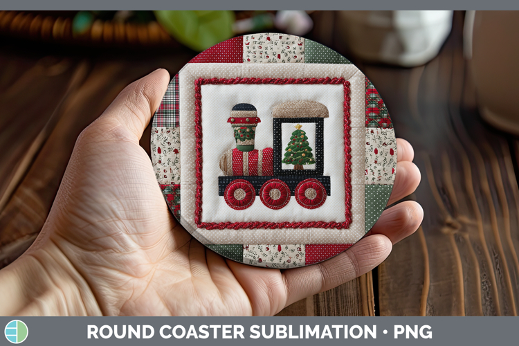 Train Christmas Quilted Patchwork Round Coaster Sublimation