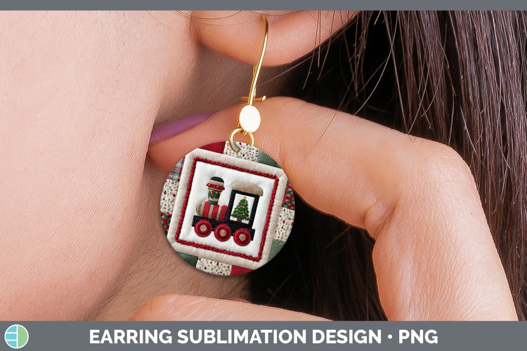 Train Christmas Quilted Patchwork Round Earrings Sublimation