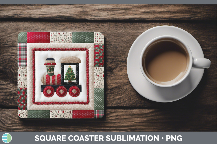Train Christmas Quilted Patchwork Square Coaster Sublimation