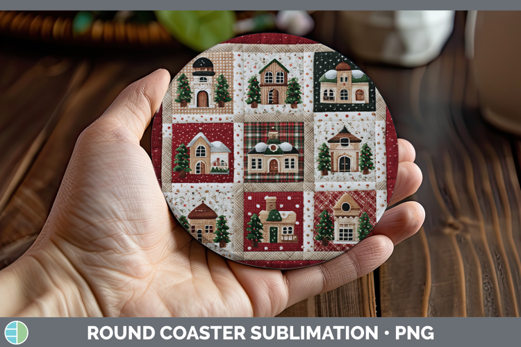 Village Christmas Quilted Patchwork Round Coaster Sublimatio