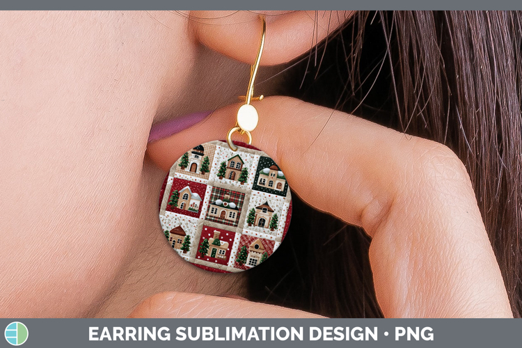 Village Christmas Quilted Patchwork Round Earrings Sublimati