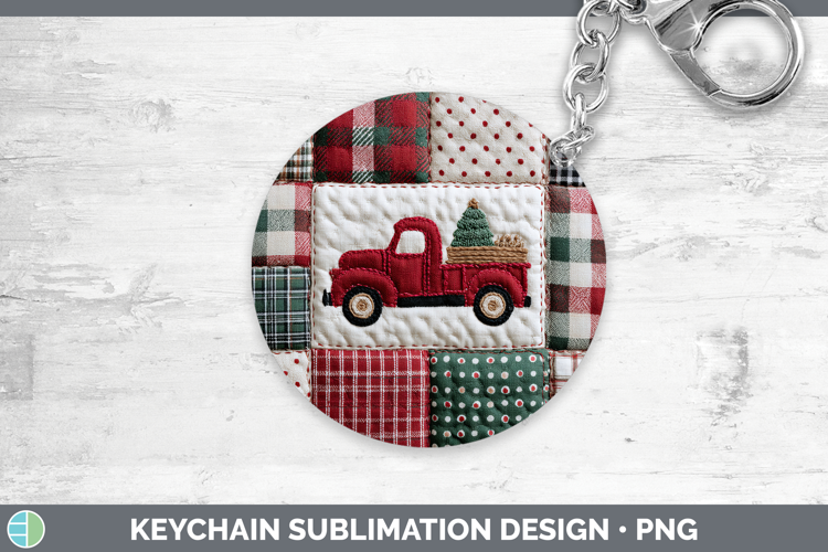 Vintage Truck Christmas Quilted Patchwork Keychain Sublimati