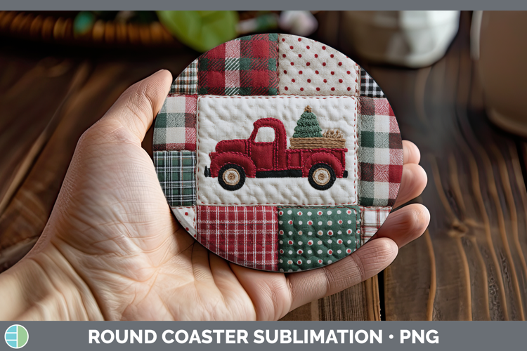 Vintage Truck Christmas Quilted Patchwork Round Coaster Subl