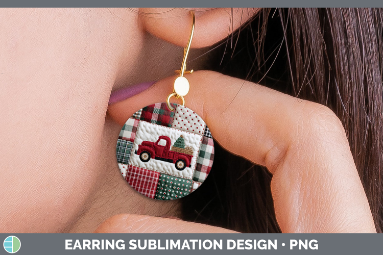 Vintage Truck Christmas Quilted Patchwork Round Earrings Sub