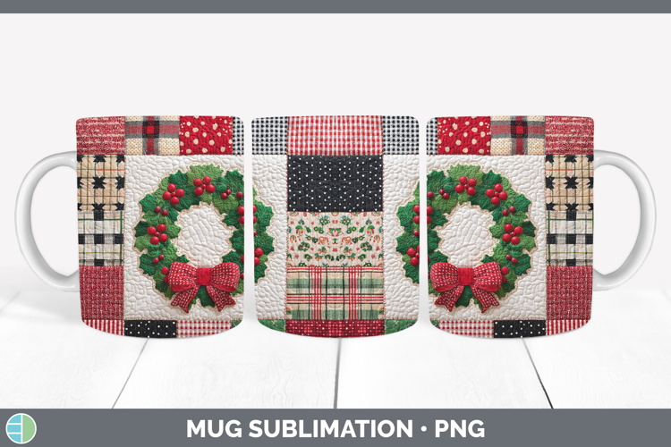 Wreath Christmas Quilted Patchwork Mug Wrap Sublimation Desi