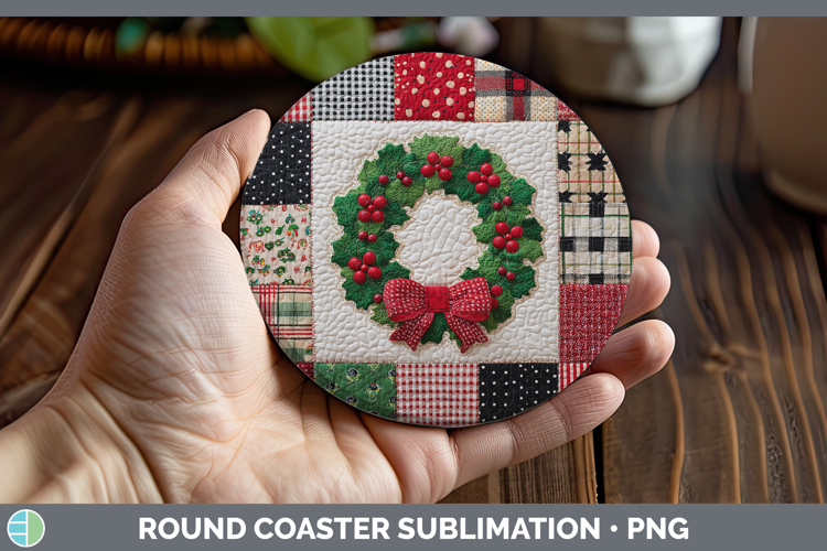 Wreath Christmas Quilted Patchwork Round Coaster Sublimation