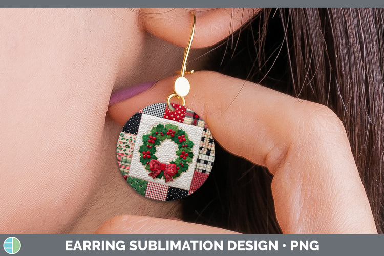 Wreath Christmas Quilted Patchwork Round Earrings Sublimatio