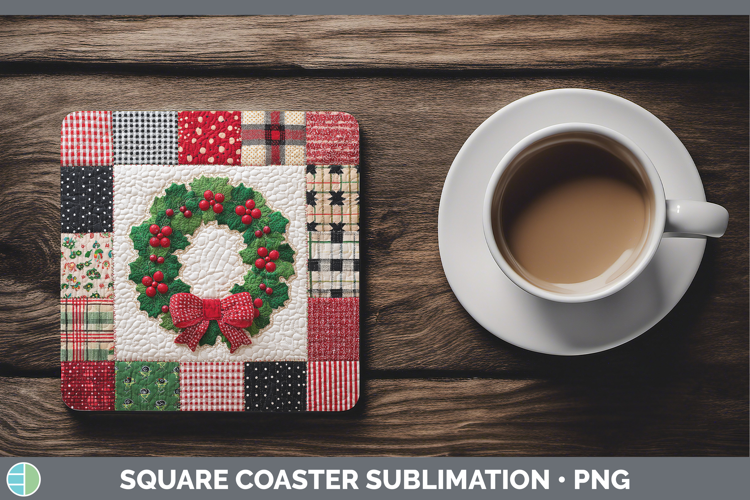 Wreath Christmas Quilted Patchwork Square Coaster Sublimatio
