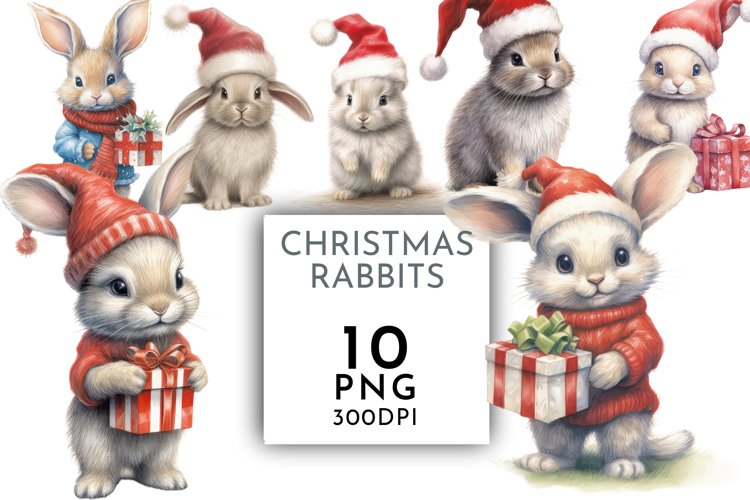 Rabbit in Christmas Santa Hats | Watercolor Clipart example image 1