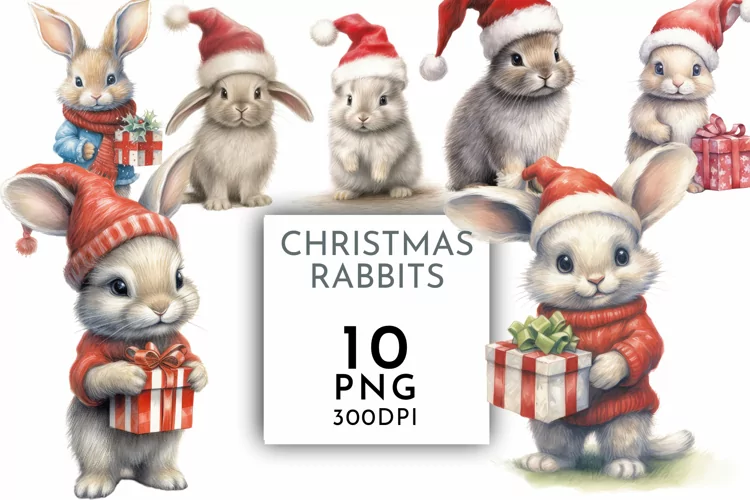 Rabbit in Christmas Santa Hats | Watercolor Clipart