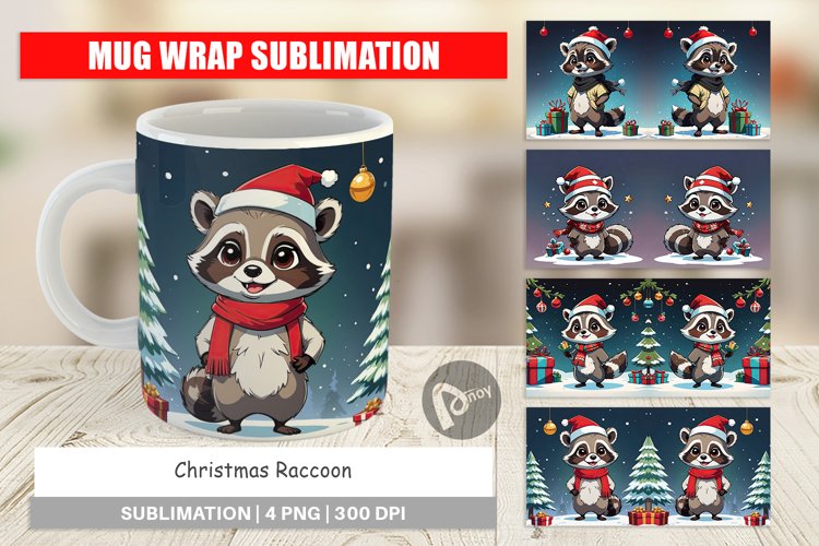 Mug Wrap Design Cartoon Christmas Raccoon