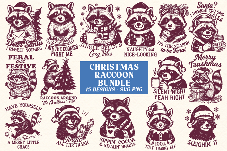 Christmas Raccoon SVG PNG Bundle, Funny Holiday Animal Print