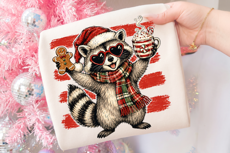 Christmas Raccoon Coffee Design PNG, Xmas Raccoon Design