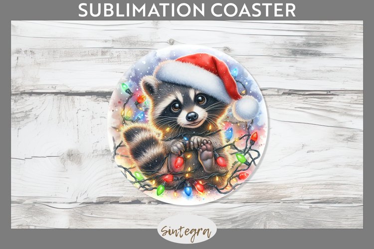 Christmas Raccoon Entangled in Lights Round Coaster Sublimat example image 1