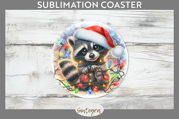 Christmas Raccoon Entangled in Lights Round Coaster Sublimat