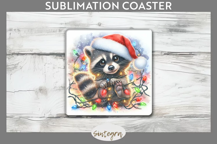 Christmas Raccoon Entangled in Lights Square Coaster Sublima