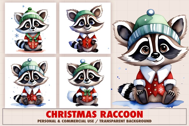 Watercolor Christmas raccoon sublimation design example image 1