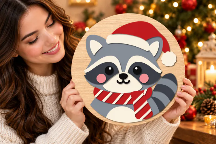 Christmas Raccoon Sign SVG, Round Door Hanger File SVG