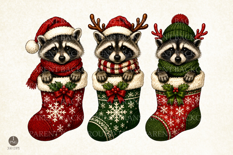 Christmas Raccoon Stockings PNG Design, Raccoon Sublimation