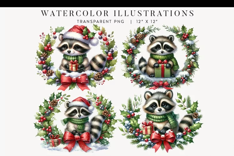 Christmas Raccoon Watercolor Clipart