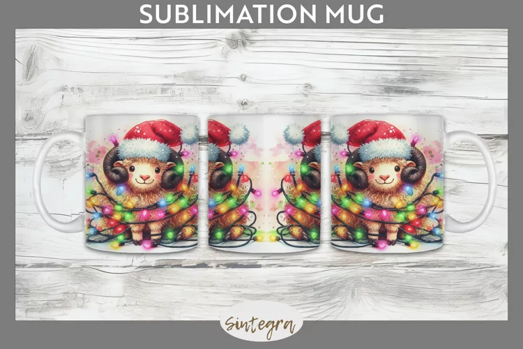 Christmas Ram v1 Entangled in Lights Mug Wrap Sublimation