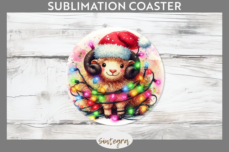 Christmas Ram v1 Entangled in Lights Round Coaster PNG